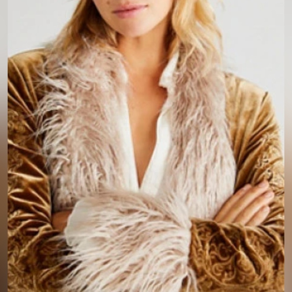 Free People Moon Glow Velvet Coat Jacket Gold Rust Fur Trim Size Large - Picture 3 of 11